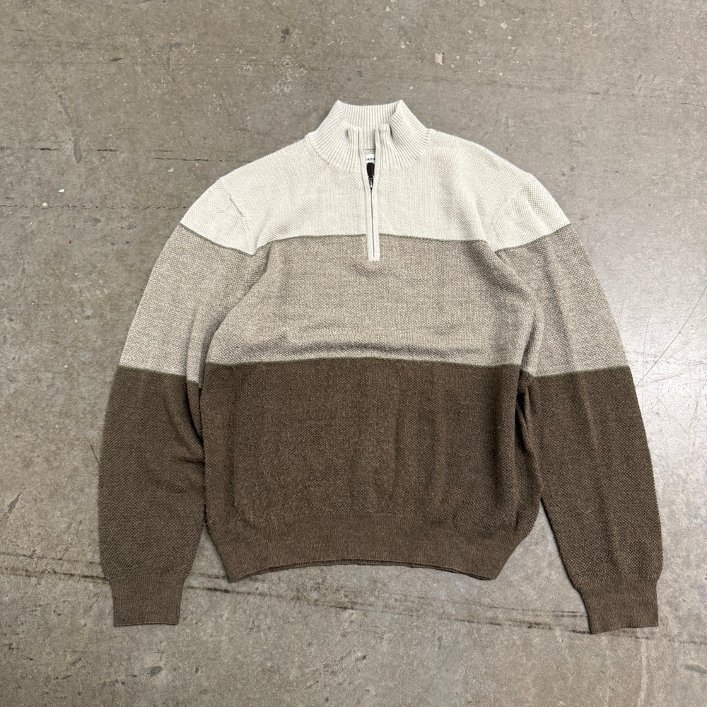 Dockers Mens Large Colorblock Quarter Zip Textured Knit Sweater Brown Tan Cream